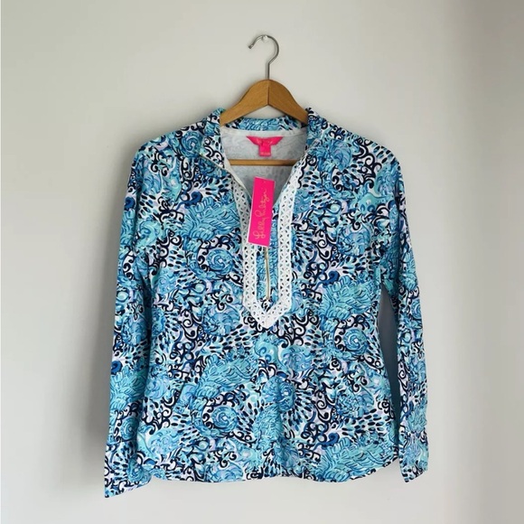 Lilly Pulitzer XS Light Aqua SPRITZ JANIE POPOVER 1/2 Zip Pullover Lace Trim NWT - Picture 1 of 8
